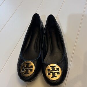 Tory Burch Black Flats with Gold Logo